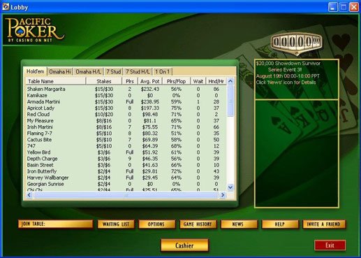 Download Pacific Poker Lobby Screenshot